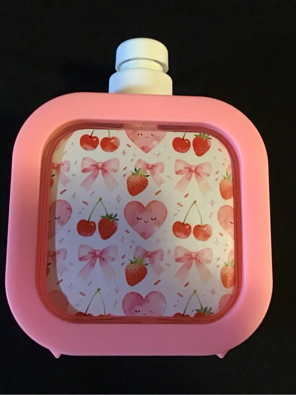 Pink Strawberry & Cherry Print Water Bottle Flask